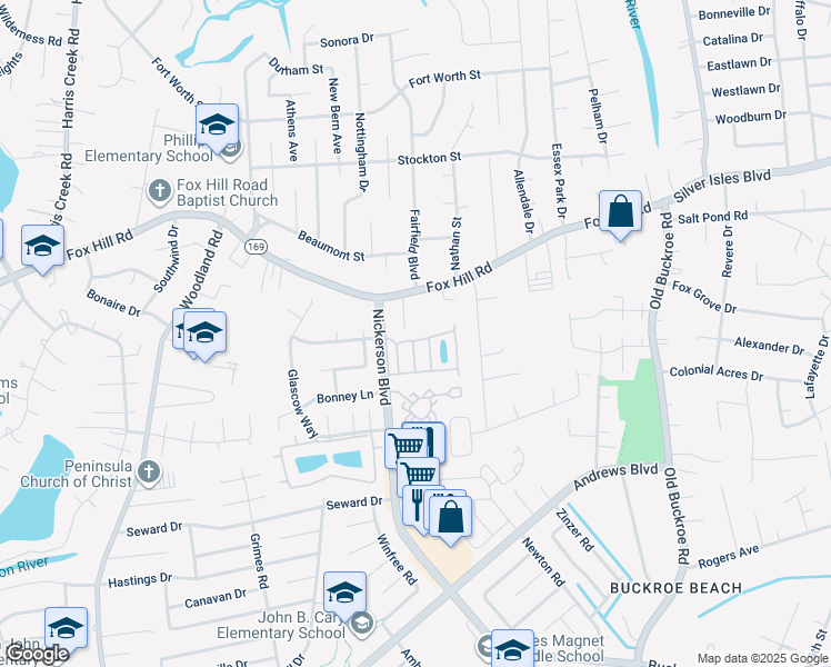 map of restaurants, bars, coffee shops, grocery stores, and more near 21 Lavender Trce in Hampton
