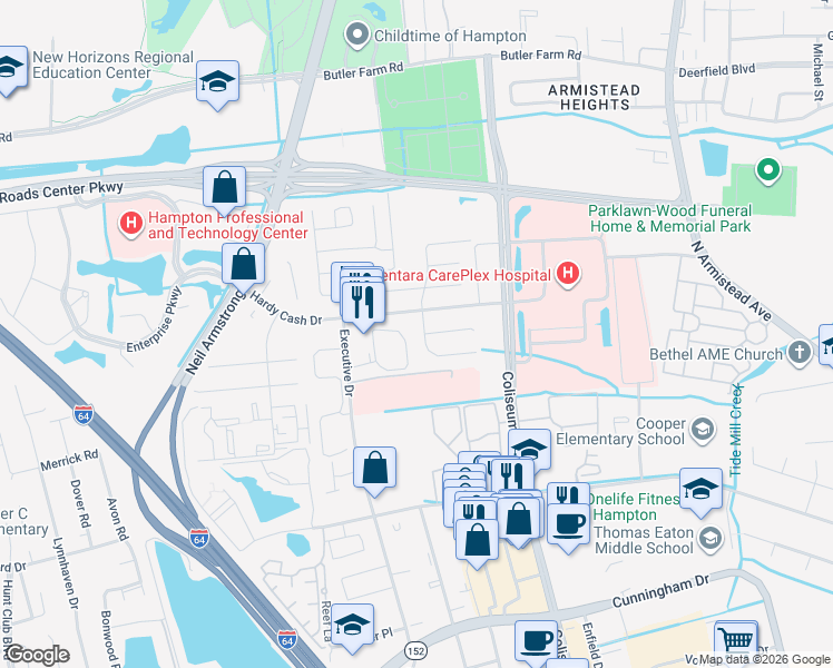 map of restaurants, bars, coffee shops, grocery stores, and more near 1401 Peabody Drive in Hampton