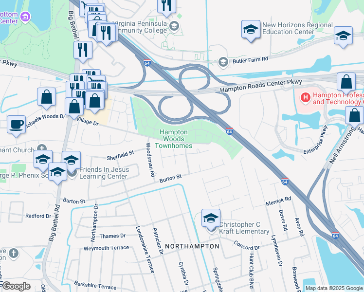 map of restaurants, bars, coffee shops, grocery stores, and more near 13 Treebark Place in Hampton