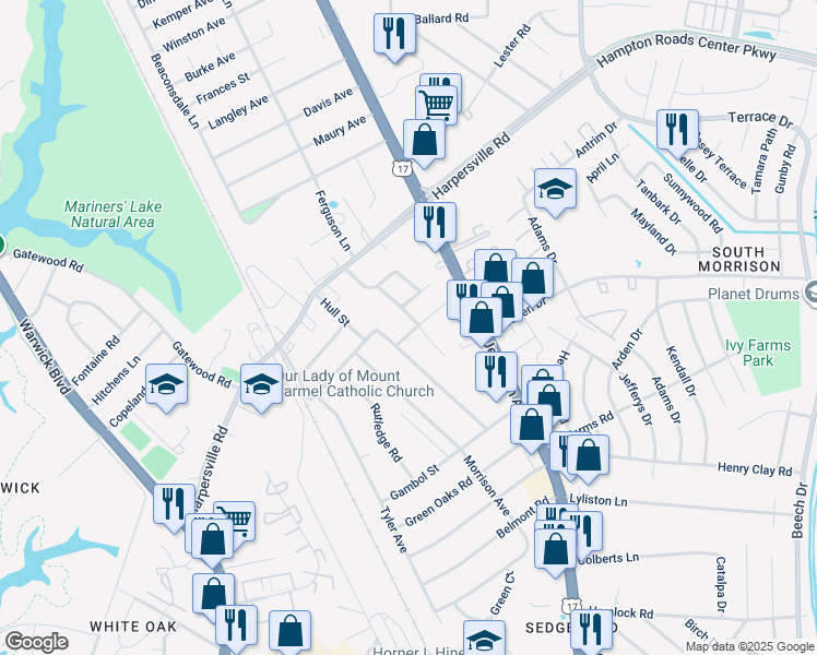 map of restaurants, bars, coffee shops, grocery stores, and more near 10 Sanford Drive in Newport News
