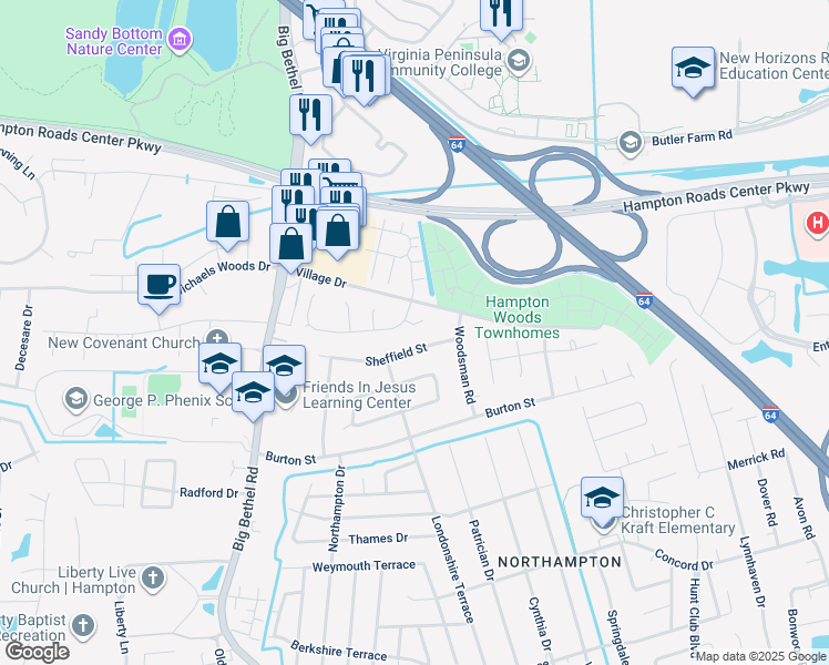 map of restaurants, bars, coffee shops, grocery stores, and more near 11 Old Oak Court in Hampton