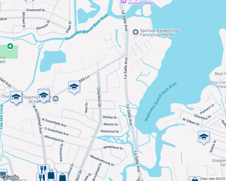map of restaurants, bars, coffee shops, grocery stores, and more near 4 Walters Lane in Hampton
