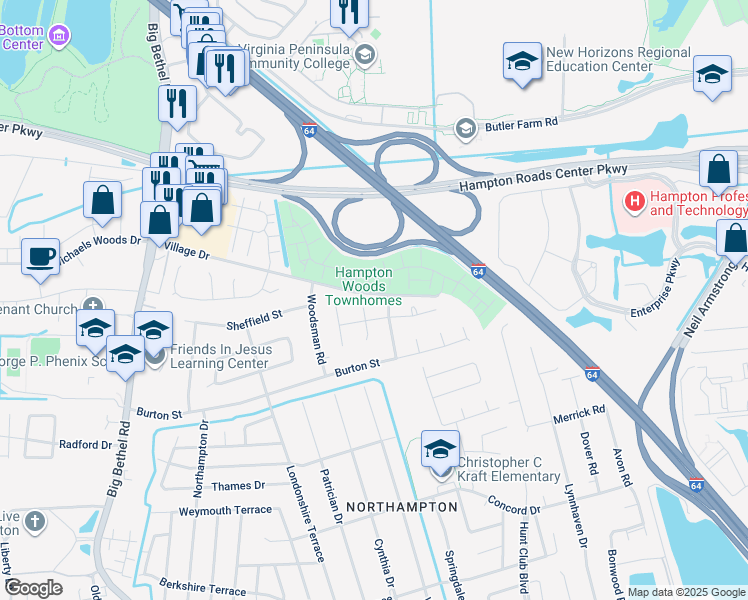 map of restaurants, bars, coffee shops, grocery stores, and more near 220 Old Village Gunter Drive in Hampton