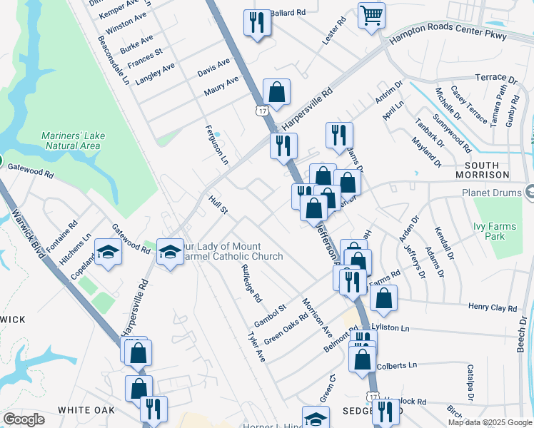 map of restaurants, bars, coffee shops, grocery stores, and more near 10 Sanford Drive in Newport News