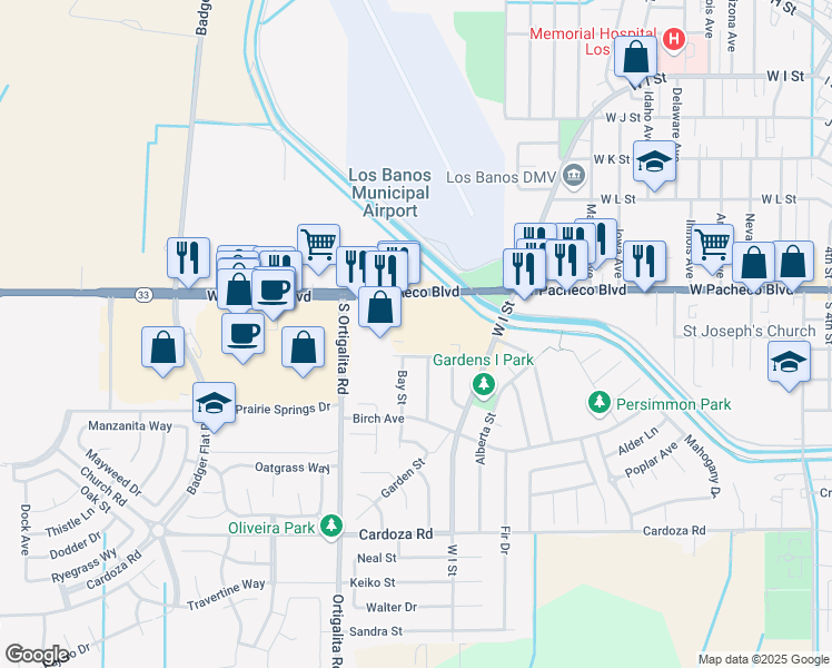 map of restaurants, bars, coffee shops, grocery stores, and more near 951 West Pacheco Boulevard in Los Banos