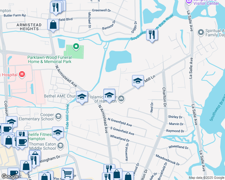 map of restaurants, bars, coffee shops, grocery stores, and more near 5 Fox Run in Hampton