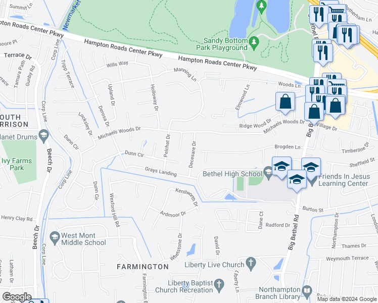 map of restaurants, bars, coffee shops, grocery stores, and more near 17 Decesare Drive in Hampton