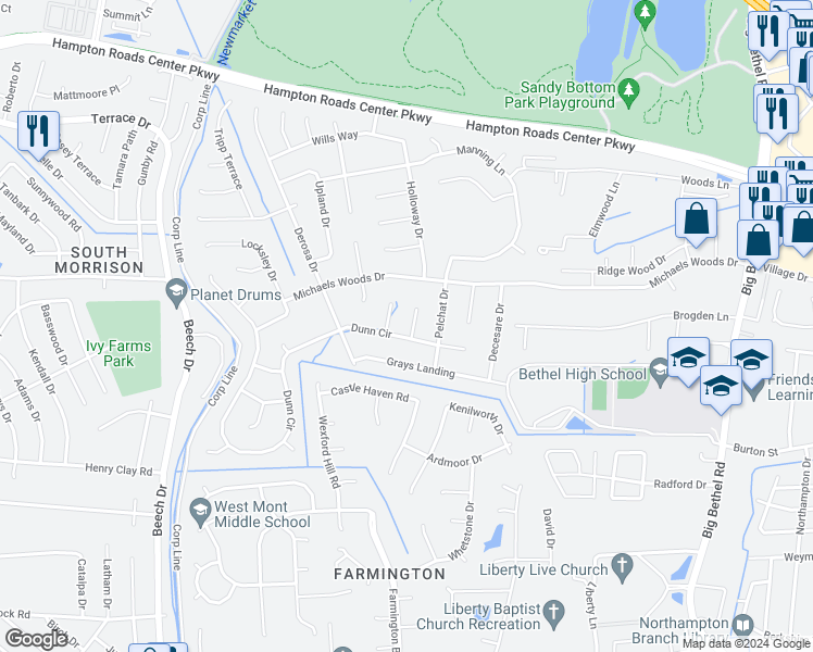 map of restaurants, bars, coffee shops, grocery stores, and more near 8 Ancel Court in Hampton