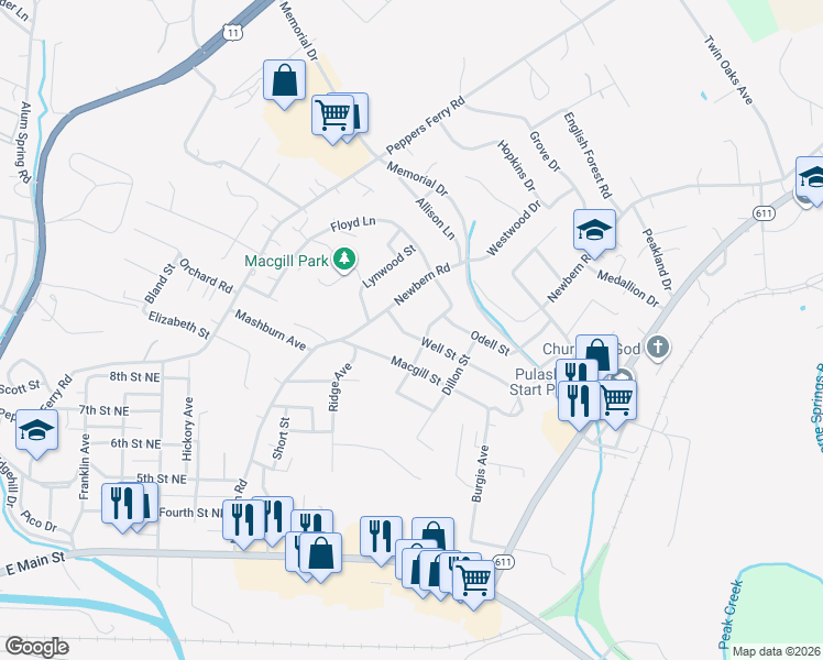 map of restaurants, bars, coffee shops, grocery stores, and more near 1031 Well Street in Pulaski