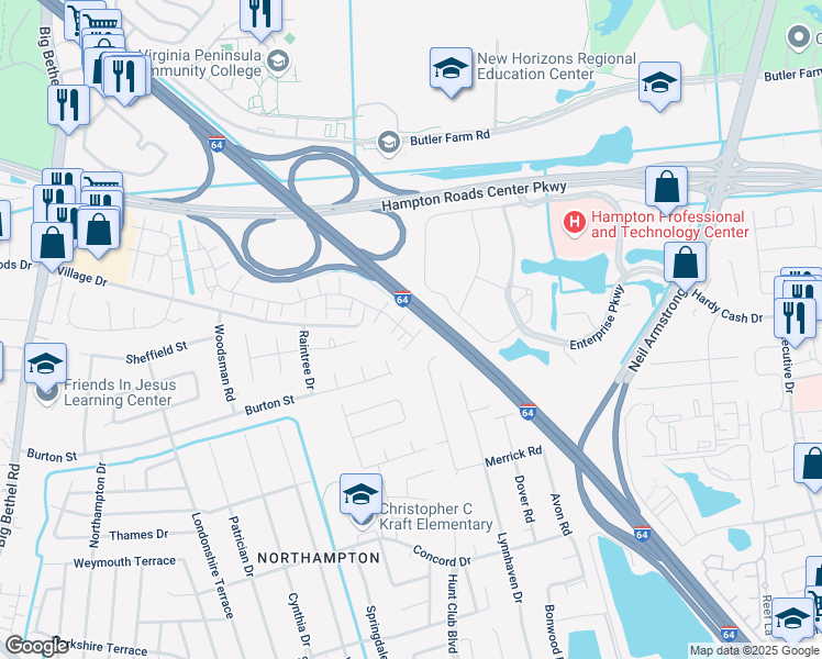 map of restaurants, bars, coffee shops, grocery stores, and more near 8 Madrone Place in Hampton