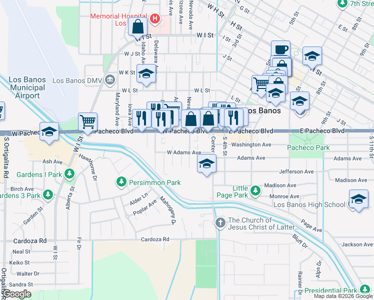 map of restaurants, bars, coffee shops, grocery stores, and more near 1317 South Nevada Avenue in Los Banos