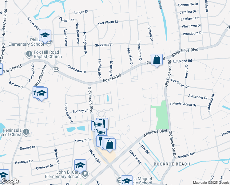 map of restaurants, bars, coffee shops, grocery stores, and more near 16 Eagles Landing in Hampton