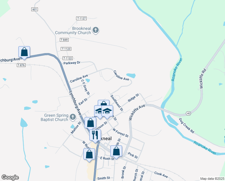 map of restaurants, bars, coffee shops, grocery stores, and more near 306 Marshall Street in Brookneal