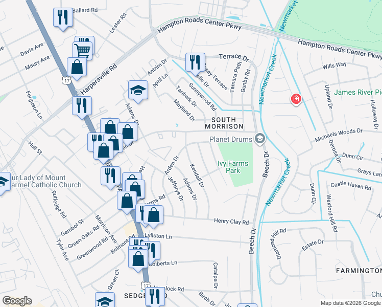 map of restaurants, bars, coffee shops, grocery stores, and more near 73 Arden Drive in Newport News