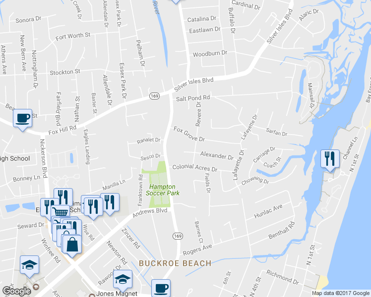 map of restaurants, bars, coffee shops, grocery stores, and more near 3 Alexander Drive in Hampton