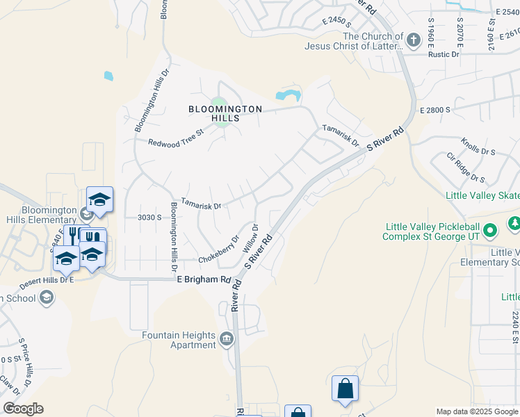map of restaurants, bars, coffee shops, grocery stores, and more near 1397 Tamarisk Drive in St. George