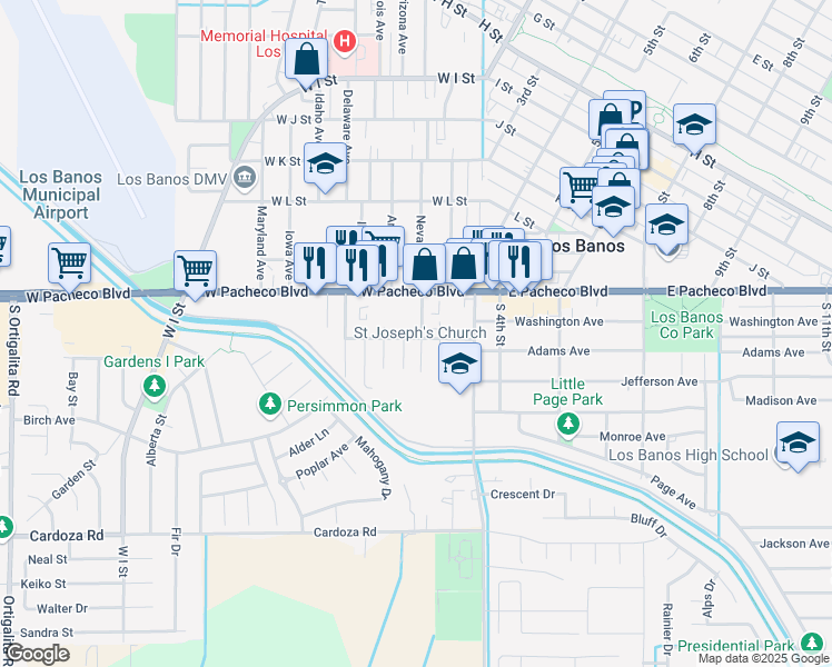 map of restaurants, bars, coffee shops, grocery stores, and more near 1317 South Nevada Avenue in Los Banos