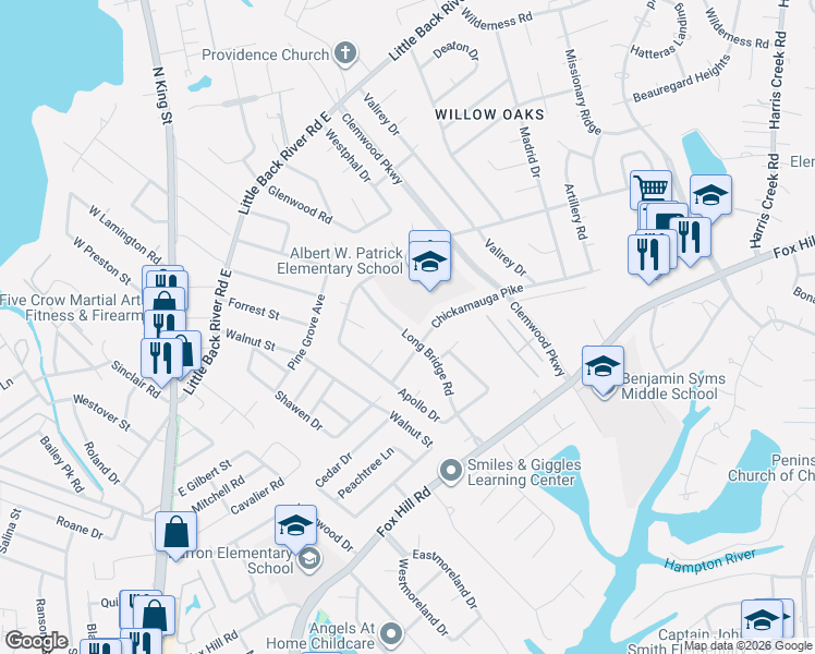 map of restaurants, bars, coffee shops, grocery stores, and more near 108 Long Bridge Road in Hampton
