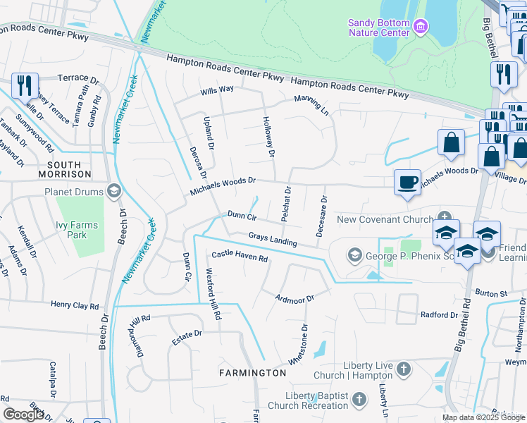 map of restaurants, bars, coffee shops, grocery stores, and more near 8 Ancel Court in Hampton