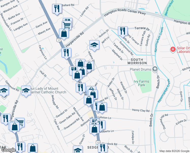 map of restaurants, bars, coffee shops, grocery stores, and more near 616 Dresden Drive in Newport News