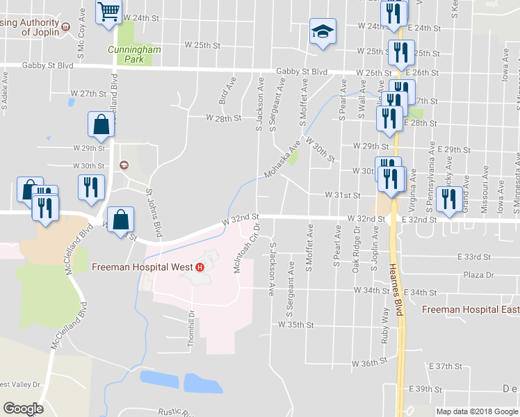 map of restaurants, bars, coffee shops, grocery stores, and more near 729 West 32nd Street in Joplin