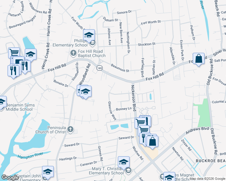 map of restaurants, bars, coffee shops, grocery stores, and more near 128 Glascow Way in Hampton