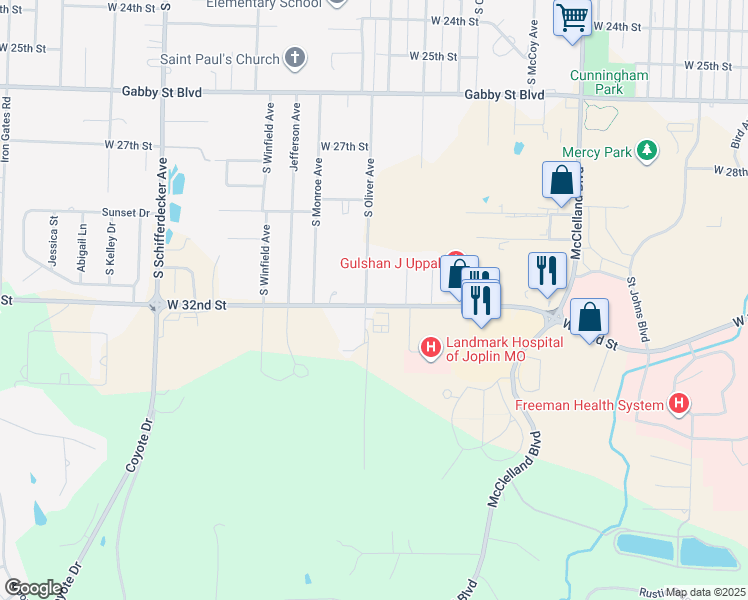 map of restaurants, bars, coffee shops, grocery stores, and more near 2101 West 32nd Street in Joplin
