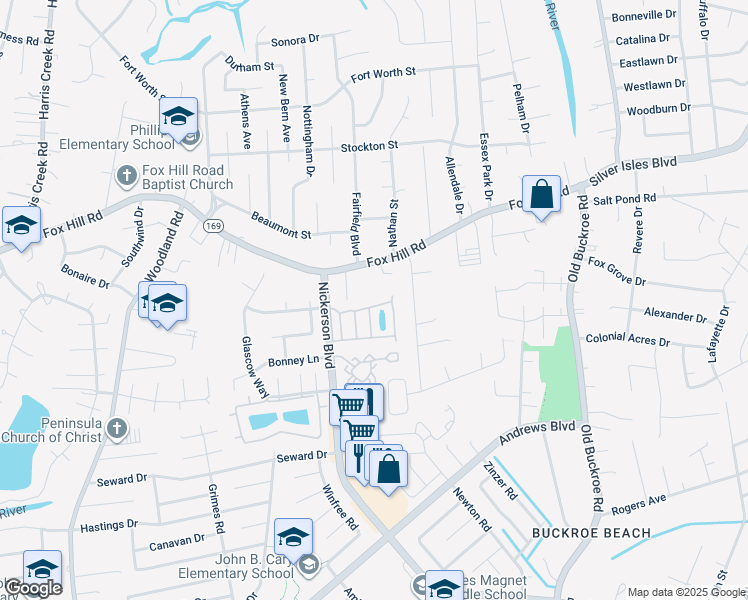 map of restaurants, bars, coffee shops, grocery stores, and more near 35 Lavender Trce in Hampton