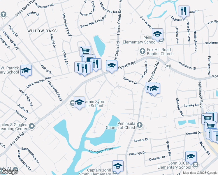 map of restaurants, bars, coffee shops, grocery stores, and more near 468 Elizabeth Lake Drive in Hampton