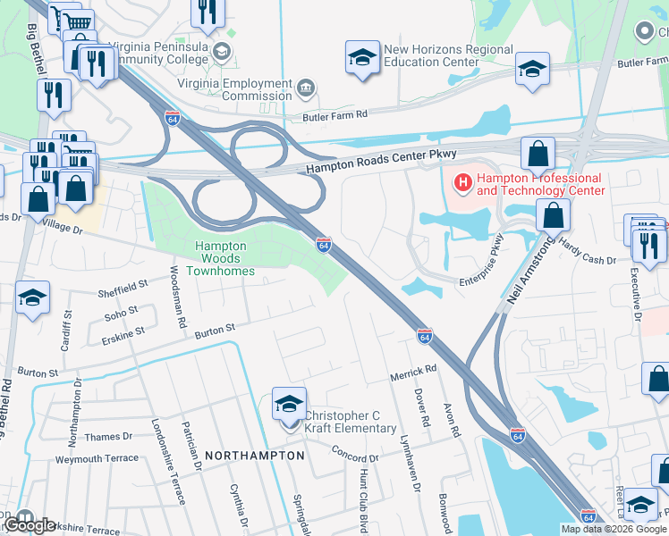 map of restaurants, bars, coffee shops, grocery stores, and more near 2 Madrone Place in Hampton
