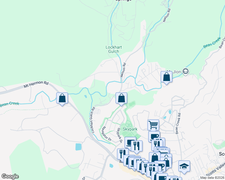 map of restaurants, bars, coffee shops, grocery stores, and more near 525 Lockhart Gulch Road in Scotts Valley