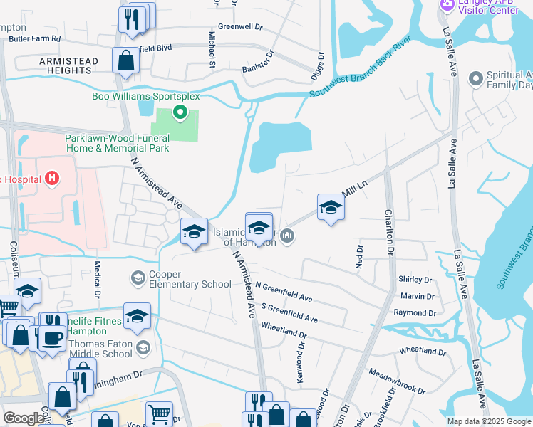 map of restaurants, bars, coffee shops, grocery stores, and more near 5 Fox Run in Hampton