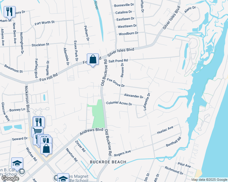 map of restaurants, bars, coffee shops, grocery stores, and more near 3 Alexander Drive in Hampton