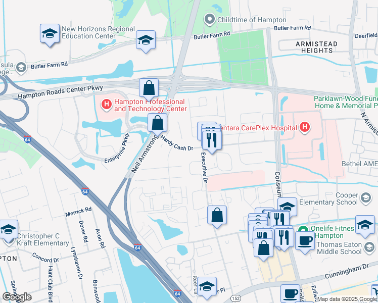 map of restaurants, bars, coffee shops, grocery stores, and more near 1509 Hardy Cash Drive in Hampton
