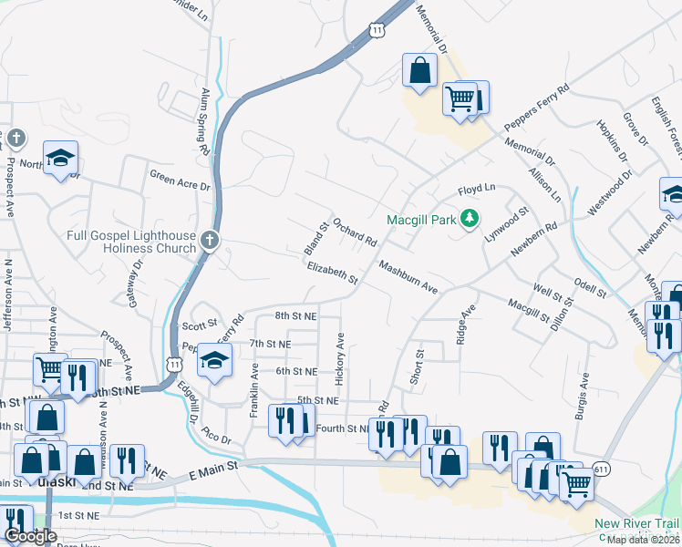 map of restaurants, bars, coffee shops, grocery stores, and more near 741 Elizabeth Street in Pulaski