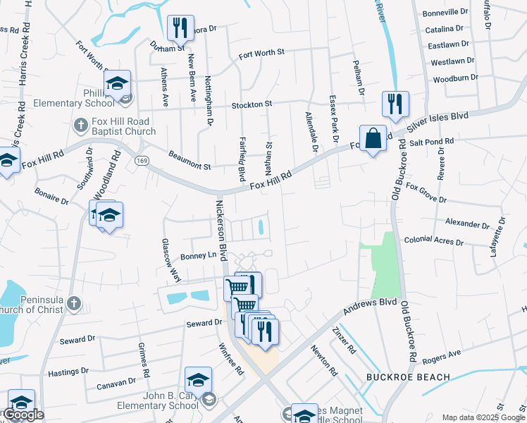 map of restaurants, bars, coffee shops, grocery stores, and more near 45 Lavender Trce in Hampton