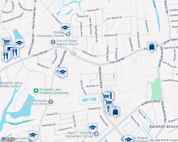 map of restaurants, bars, coffee shops, grocery stores, and more near 128 Glascow Way in Hampton