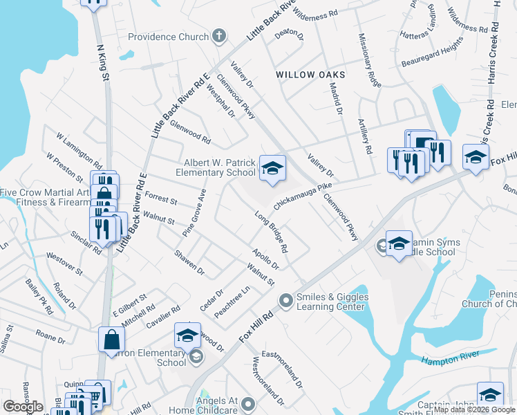 map of restaurants, bars, coffee shops, grocery stores, and more near 108 Long Bridge Road in Hampton