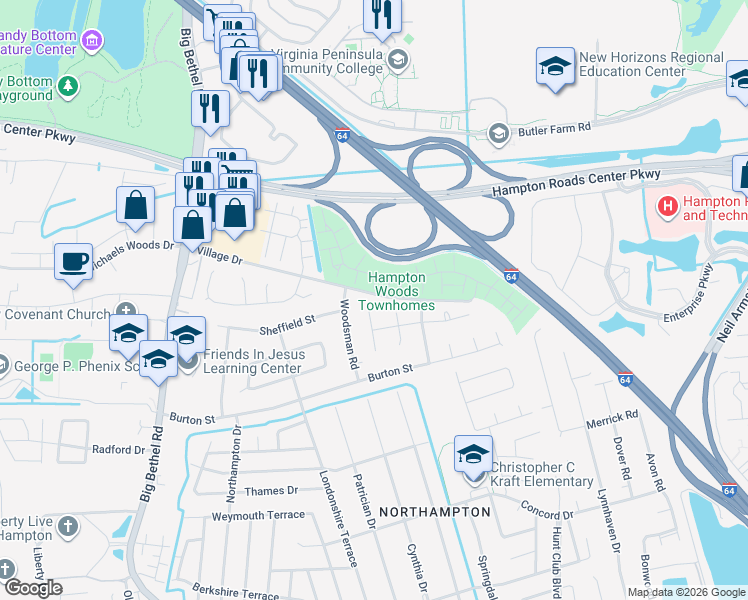 map of restaurants, bars, coffee shops, grocery stores, and more near 10 Loquat Place in Hampton