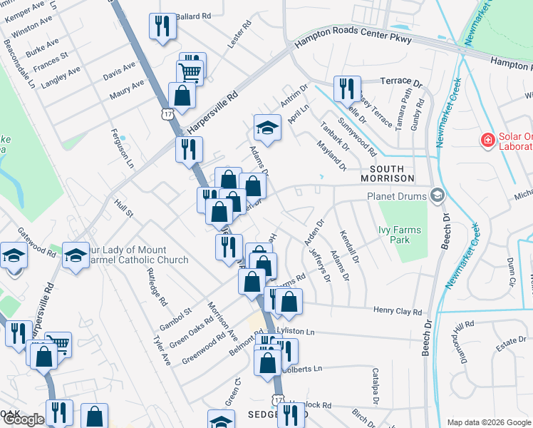 map of restaurants, bars, coffee shops, grocery stores, and more near 616 Dresden Drive in Newport News