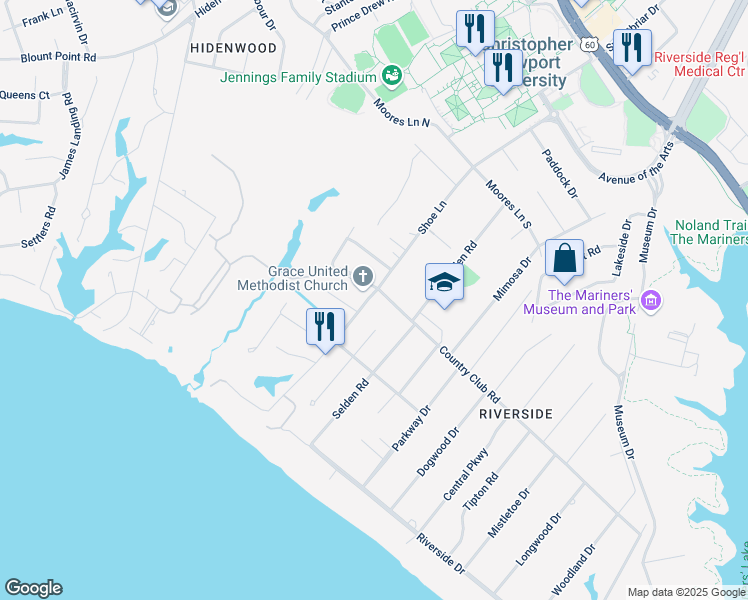 map of restaurants, bars, coffee shops, grocery stores, and more near 1131 Country Club Road in Newport News