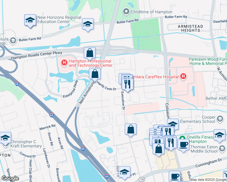 map of restaurants, bars, coffee shops, grocery stores, and more near 1509 Hardy Cash Drive in Hampton