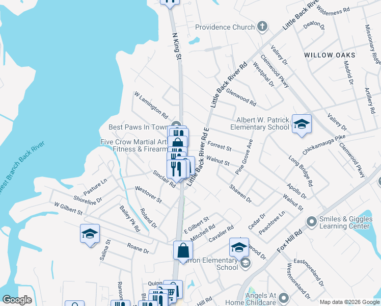 map of restaurants, bars, coffee shops, grocery stores, and more near 1 East Preston Street in Hampton
