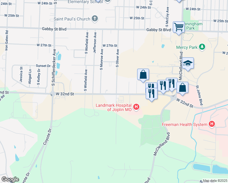 map of restaurants, bars, coffee shops, grocery stores, and more near 3134 S Oliver Ave in Joplin