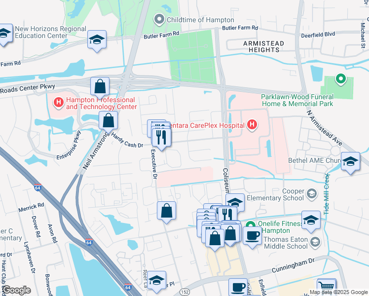 map of restaurants, bars, coffee shops, grocery stores, and more near 1409 Peabody Drive in Hampton