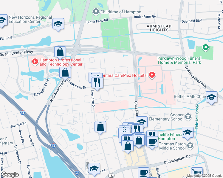 map of restaurants, bars, coffee shops, grocery stores, and more near 1409 Peabody Drive in Hampton