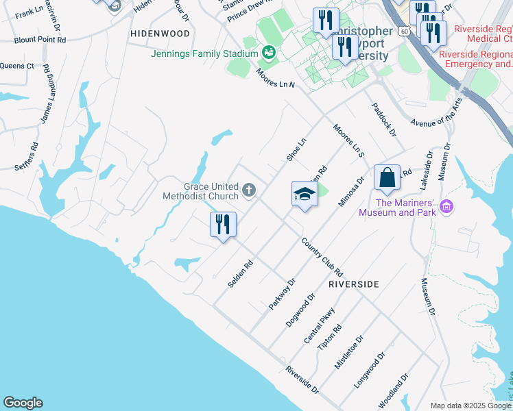 map of restaurants, bars, coffee shops, grocery stores, and more near 1131 Country Club Rd in Newport News