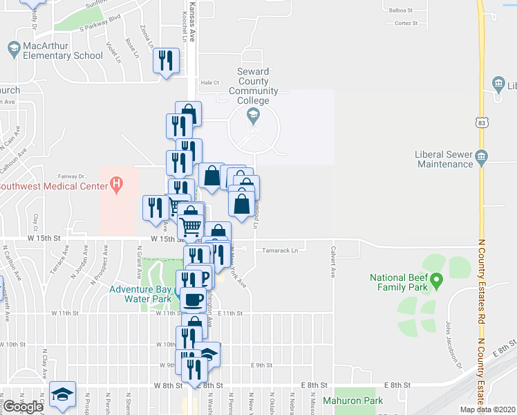 map of restaurants, bars, coffee shops, grocery stores, and more near Cottonwood Lane in Liberal