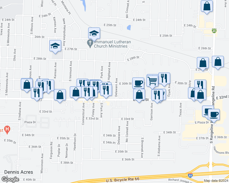 map of restaurants, bars, coffee shops, grocery stores, and more near 3020 Delaware Avenue in Joplin