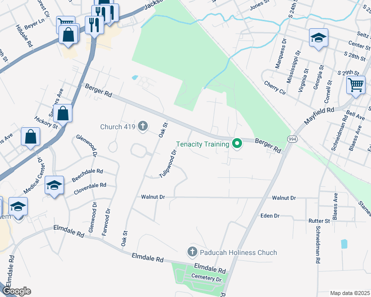 map of restaurants, bars, coffee shops, grocery stores, and more near 201 Wellington Circle in Paducah